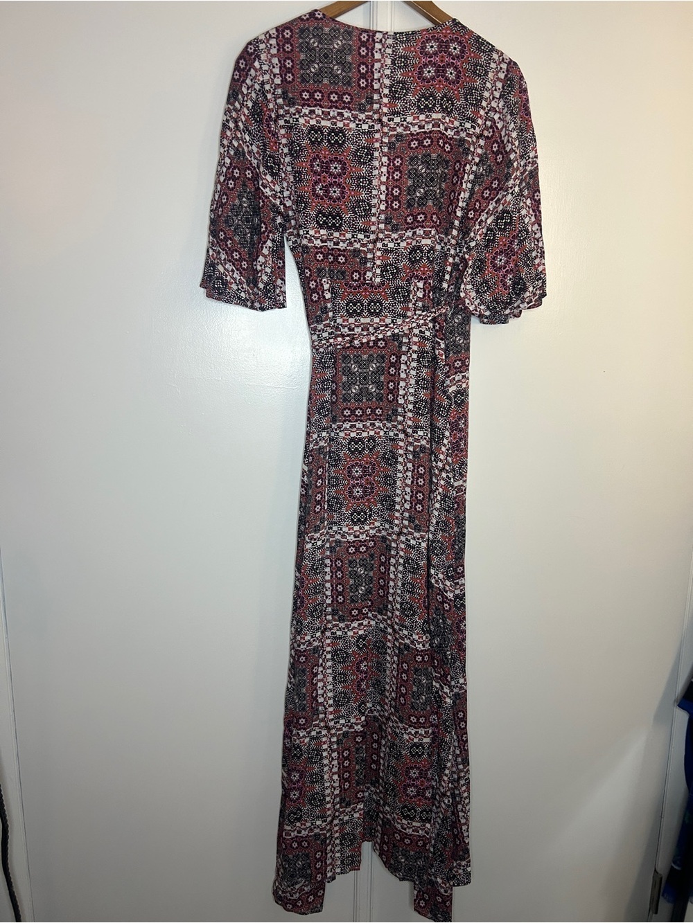 Bohemian Printed Maxi Wrap Dress in Burgundy and Black - Picture 8 of 10